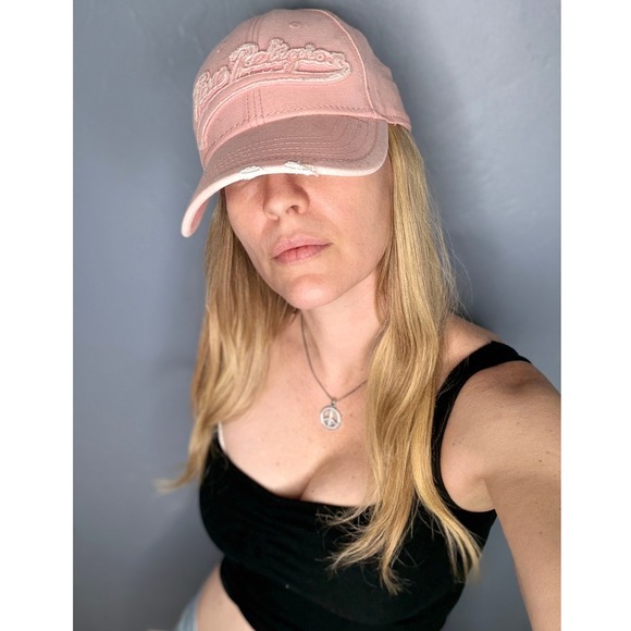 True‎ Religion Pink Hat Spell Out Logo Baseball Cap Distressed Trucker Strapback - Picture 1 of 9
